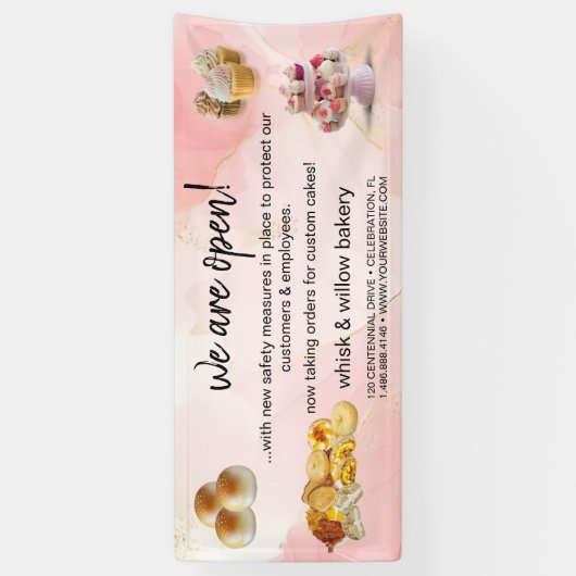 ミント&金ゴールドウィスクベーカリービジネスリオープニングピンク 横断幕 (縦)