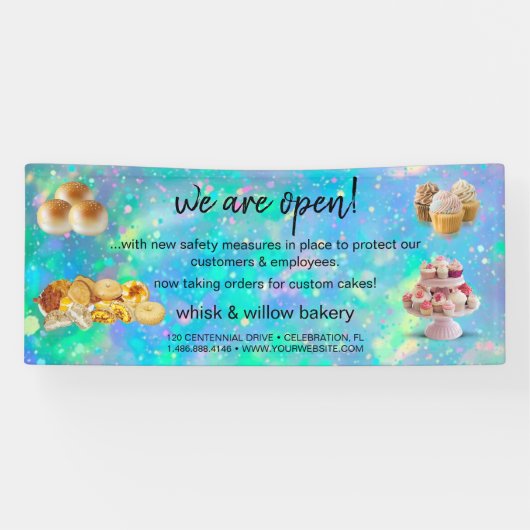 ミント&金ゴールドウィスクベーカリービジネスリオープングブルー 横断幕 (横)