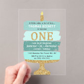 ミント&金ゴールドグリッターケーキ1st誕生日 アクリル招待状 (インサイチュ (ポータブル))