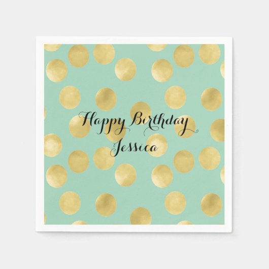 ミント&金ゴールドグリッツドット誕生日 スタンダードカクテルナプキン (正面)