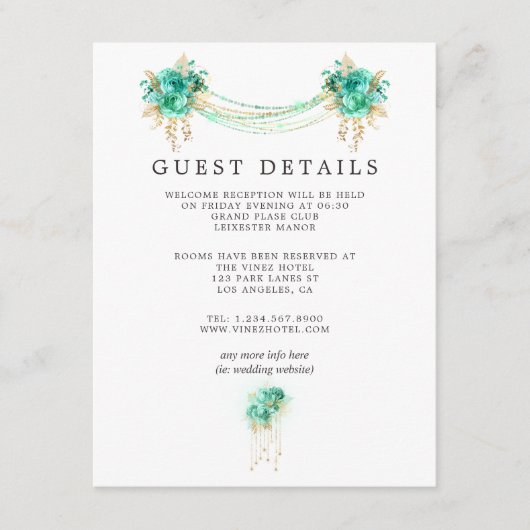 ミント&金ゴールドフローラライツ結婚ズゲスト詳細 エンクロージャーカード (正面)