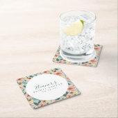 ミント sage ピンク フローラル スクリプト ブライダル シャワー カスタム スクエアペーパーコースター (インサイチュ)