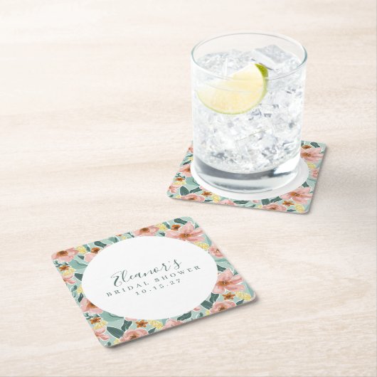 ミント sage ピンク フローラル スクリプト ブライダル シャワー カスタム スクエアペーパーコースター (インサイチュ)