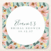 ミント sage ピンク フローラル スクリプト ブライダル シャワー カスタム スクエアペーパーコースター (正面)