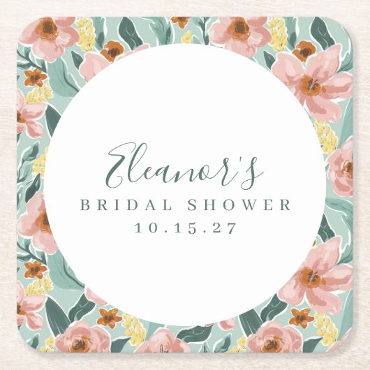 ミント sage ピンク フローラル スクリプト ブライダル シャワー カスタム スクエアペーパーコースター (正面)