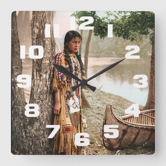 ミンネハハ1897先住民アメリカンヒアワタヴィンテージ スクエア壁時計 (正面)