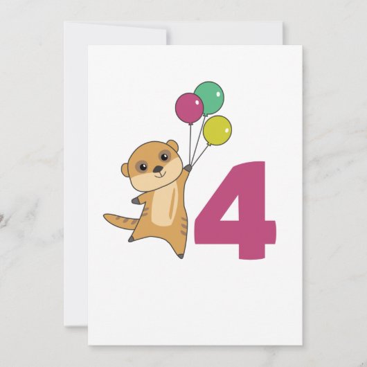 ミーアカットの4歳誕生日風船 子供の招待状 招待状 (正面)