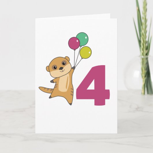 ミーアカット 4歳の誕生日 風船 子供 カード (正面)