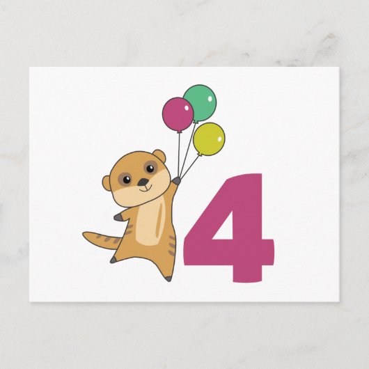 ミーアカット 4歳の誕生日 風船 子供 ポストカード (正面)