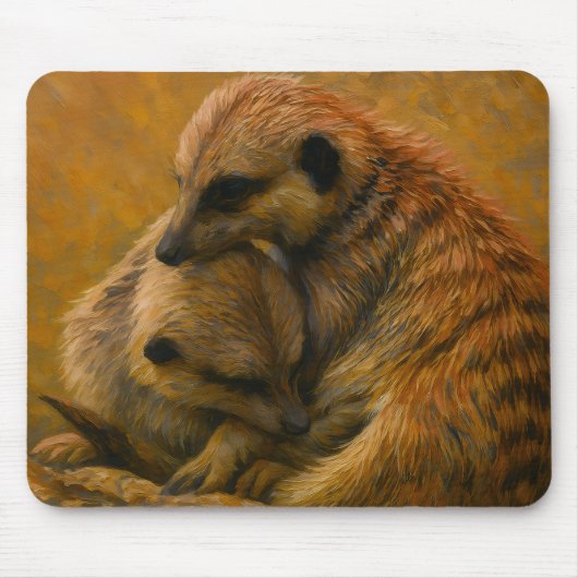 ミーアキャットの抱擁 - アースカラーの野生動物絵画 マウスパッド (正面)