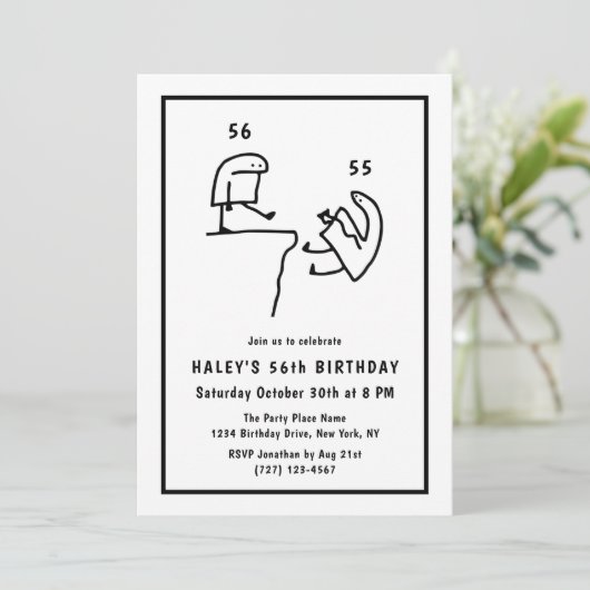 ミームおもしろいユーモアシンプル白黒56th誕生日 招待状 (スタンド正面)