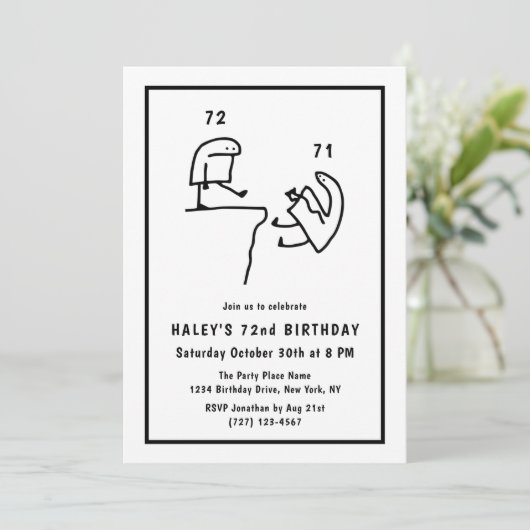 ミームおもしろいユーモアシンプル白黒72番目誕生日 招待状 (スタンド正面)