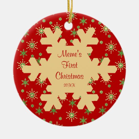 ミームの初めてのクリスマスの赤い雪片のオーナメント セラミックオーナメント (正面)