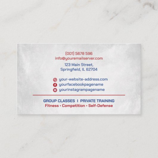 ムエイ・タイおよびキックボクシング コーチ - グローブとリング 名刺 (裏面)