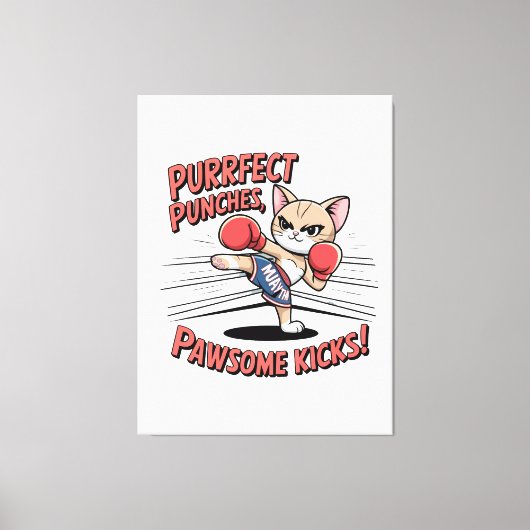 ムエタイボクシングかわいいアニメ猫Tシャツ キャンバスプリント (正面)