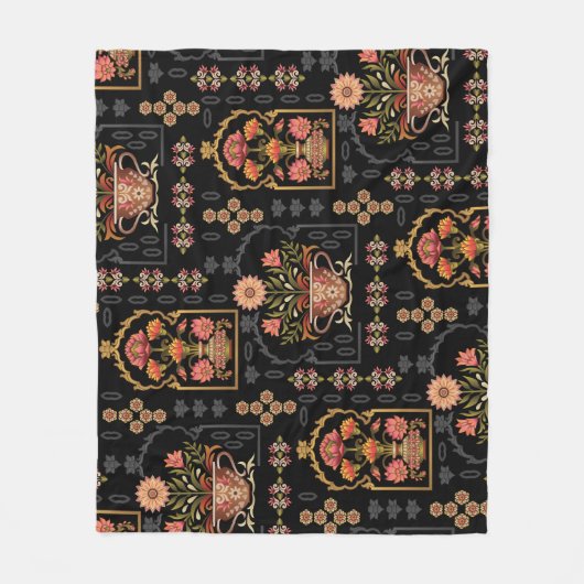 ムガルフローラモチーフ:黒シームレス。 フリースブランケット (正面)