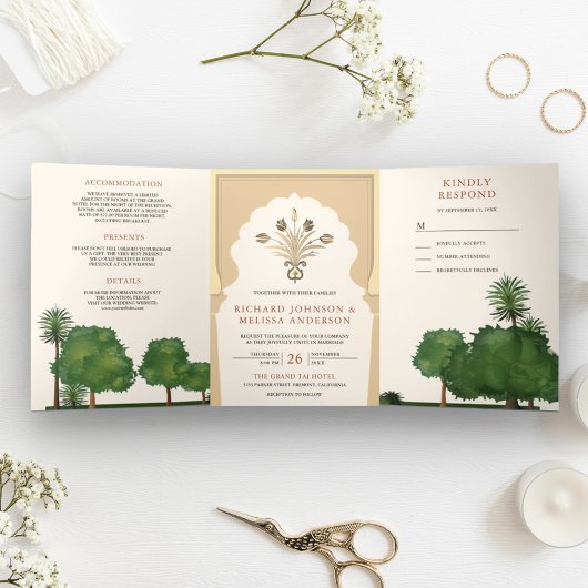 ムガル王室のテーマガーデンインディアンスタイル結婚ズ 三つ折り招待状