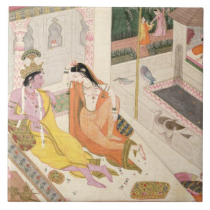 ムガール人宮殿のベッドのKrishnaそしてRadha、Punj タイル
