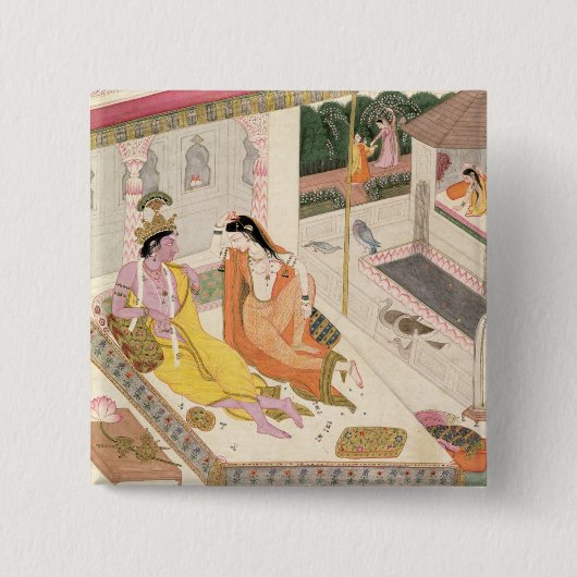 ムガール人宮殿のベッドのKrishnaそしてRadha、Punj 缶バッジ (正面)