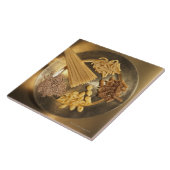 ムギのパスタそして穀物が付いている金ゴールドプレート タイル (側面)