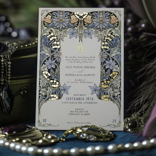 ムスリム結婚ズオダマキ（植物）モリスヴィンテージ 箔招待状