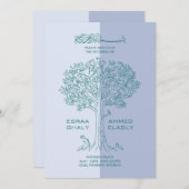 ムスリム英語 |青と緑の花結婚の木 招待状 (正面/裏面)