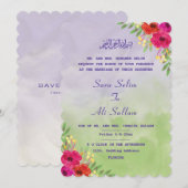 ムスリム ラベンダー & 緑 水彩 フラワーズ セーブザデート (正面/裏面)