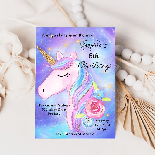 ムラサキの水彩画のような魔法のユニコーンの誕生日パーティー 招待状