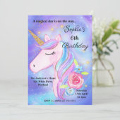 ムラサキの水彩画のような魔法のユニコーンの誕生日パーティー 招待状 (スタンド正面)