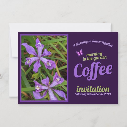ムラサキの花を添えて　お祝いする　コーヒーの朝　庭園 招待状 (正面)