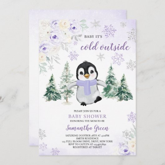 ムラサキペンギン赤ちゃんシャワー 招待状 (正面/裏面)