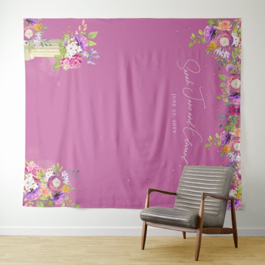 ムルベリーピンクフローラブライダルフォトブース背景 タペストリー (インサイチュ(横))