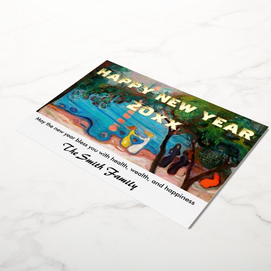 ムンクのビーチでのダンスから新年をお祝いします 箔シーズンカード (回転した状態)