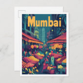 ムンバイインディアアートヴィンテージトラベルイラストレーション ポストカード (正面/裏面)