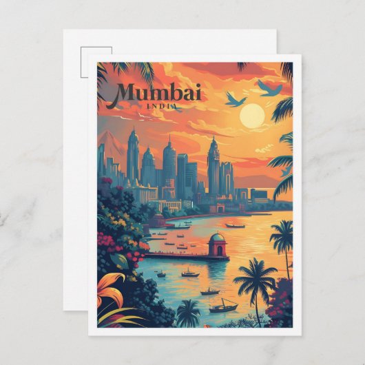 ムンバイインディアヴィンテージアートトラベルイラストレーション ポストカード (正面/裏面)