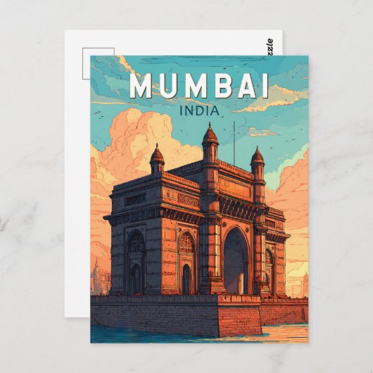 ムンバイインドイラストレーショントラベルアートヴィンテージ ポストカード (正面/裏面)