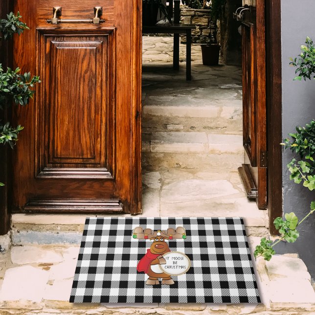 ムースおもしろい白黒バッファローチェッククリスマス ドアマット (クリエイターアップロード済み)