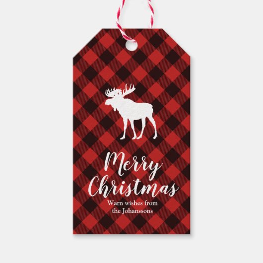 ムースとバッファロー緑と黒の格子模様クリスマス ギフトタグ (正面)
