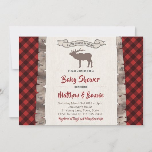 ムースまたはエルク荒野プレイドベイビーシャワー 招待状 (正面)