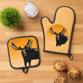 ムースアットサンセット – オリジナルワイルドライフアート 鍋つかみ&鍋敷きセット (トップダウン)