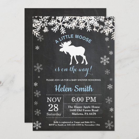 ムースウィンタースノーフレークボーイベビーシャワー招待状 招待状 (正面/裏面)