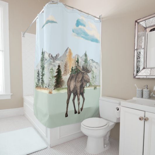 ムースウォーターカラー森林動物の森キャビン シャワーカーテン (インサイチュ)