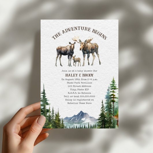 ムースウッドランドアドベンチャーニュートラルベビーシャワー 招待状