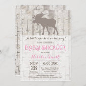 ムースガールベビーシャワー招待状ウッドラ素朴ンド 招待状 (正面/裏面)