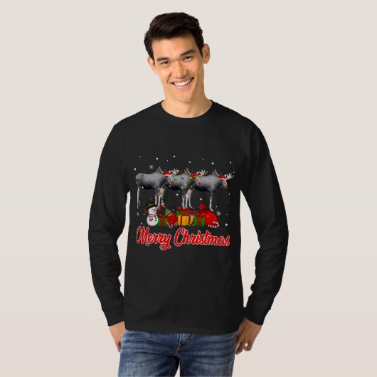ムースクリスマスパジャマおもしろいクリスマスライト動物L Tシャツ (正面フル)