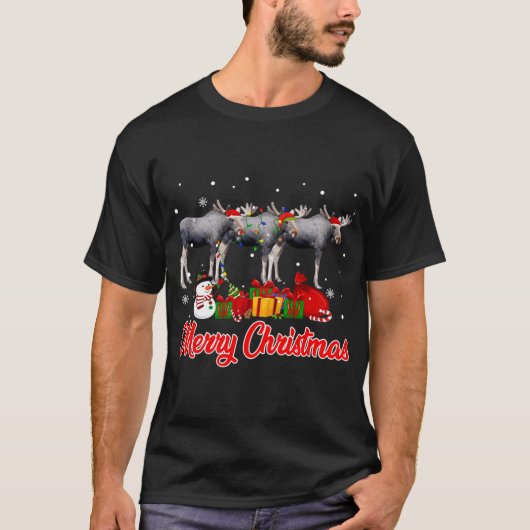 ムースクリスマスパジャマおもしろいクリスマスライト動物L Tシャツ (正面)
