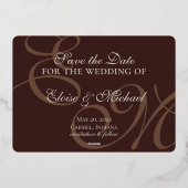 ムースモダンブラウン写真とホイル日付を保存 箔招待状 (裏面)