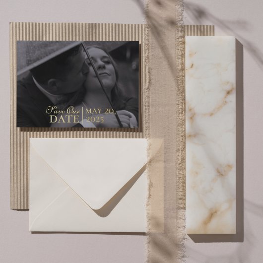 ムースモダンブラウン写真とホイル日付を保存 箔招待状