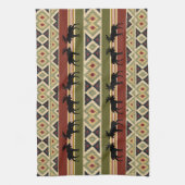 ムースワイルドライフアニマルレッドグリーンオークルイカットストライプ キッチンタオル (縦)