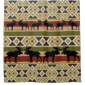 ムースワイルドライフアニマルレッドグリーンオークルイカットストライプ シャワーカーテン (正面)